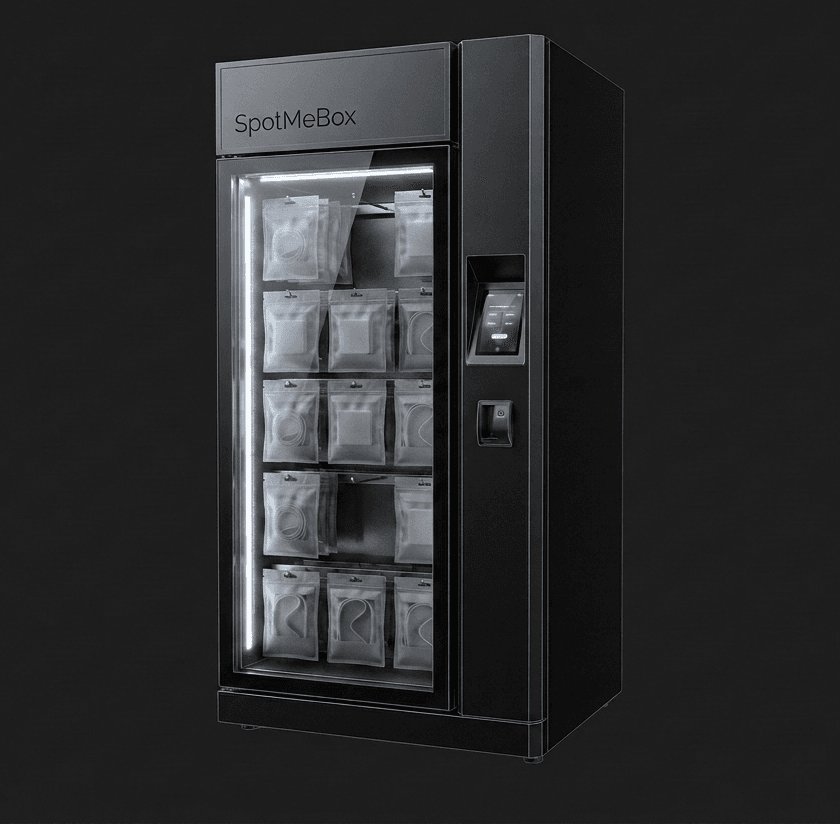 A SpotMeBox unit: a tall glass-fronted cabinet with lit shelves of sealed, pre-packaged pouches, and a card reader and screen on the right-hand column.